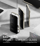 Google Pixel 11 Pro Screen Protector | Easy Slide Privacy Tempered Glass (2 Pack) - Ringke Easy Slide Privacy Tempered Glass screen protector shown on three smartphone mockups, demonstrating the slide-on design, on a gray geometric background with text overlays.