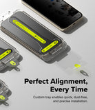 Google Pixel 11 Pro Screen Protector | Easy Slide Privacy Tempered Glass (2 Pack) - Clear protective phone case with bright yellow alignment guides and a matching screen protector, shown installed on a smartphone with additional case views and installation text on a light gray background.