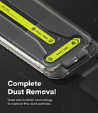 Google Pixel 11 Pro Screen Protector | Easy Slide Privacy Tempered Glass (2 Pack) - Close-up of a transparent protective phone case with bright yellow instructional labels showing how to remove dust, plus text reading 'Complete Dust Removal' on a dark background.