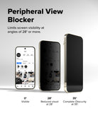 Google Pixel 11 Pro Screen Protector | Easy Slide Privacy Tempered Glass (2 Pack) - Peripheral View Blocker shown on three smartphone mockups from 0°, 28°, and 35° angles, with text explaining that it limits screen visibility at angles of 28° or more.