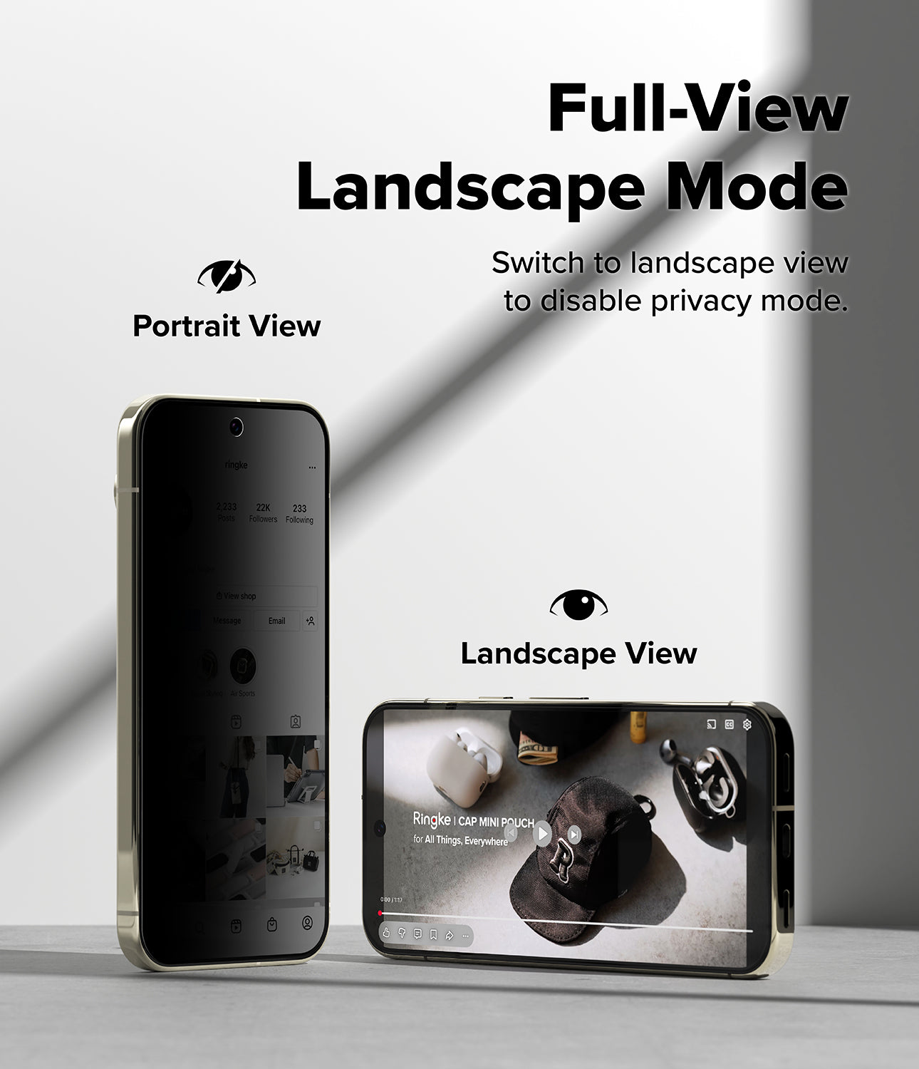 Google Pixel 11 Pro Screen Protector | Easy Slide Privacy Tempered Glass (2 Pack) - A promotional graphic showing two smartphones on a light gray surface with text labels for Portrait View and Landscape View, plus the headline 'Full-View Landscape Mode' and the note 'Switch to landscape view to disable privacy mode.' The right phone is shown in landscape orientation with a video playing on its screen.