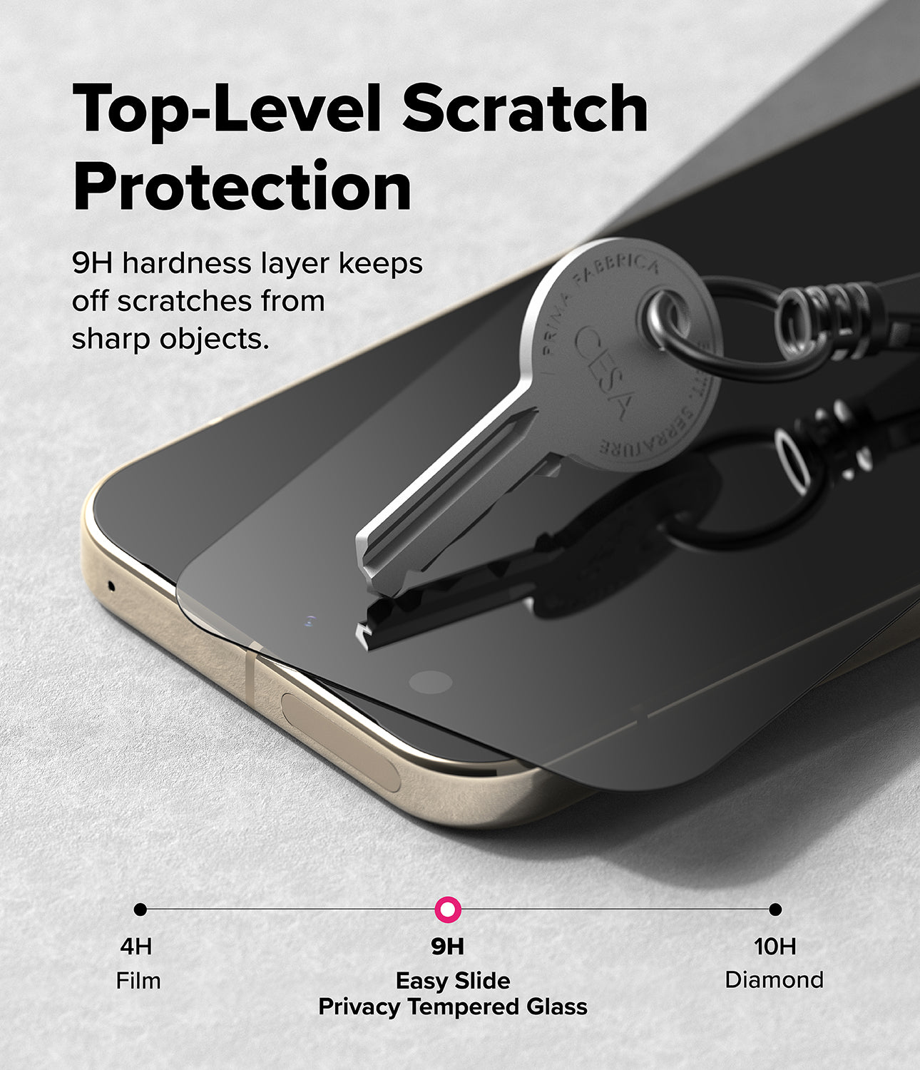 Google Pixel 11 Pro Screen Protector | Easy Slide Privacy Tempered Glass (2 Pack) - A close-up promotional graphic showing a smartphone with a dark tempered glass screen protector partially lifted by a metal key. Large text reads 'Top-Level Scratch Protection' and includes a hardness comparison line labeled 4H Film, 9H Easy Slide Privacy Tempered Glass, and 10H Diamond.