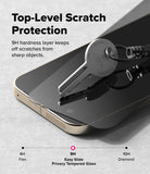 Google Pixel 11 Pro Screen Protector | Easy Slide Privacy Tempered Glass (2 Pack) - A close-up promotional graphic showing a smartphone with a dark tempered glass screen protector partially lifted by a metal key. Large text reads 'Top-Level Scratch Protection' and includes a hardness comparison line labeled 4H Film, 9H Easy Slide Privacy Tempered Glass, and 10H Diamond.