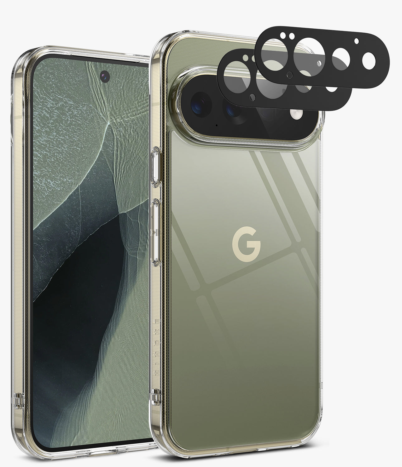 [Bundle] Google Pixel 11 Pro | Fusion + Camera Protectors - A clear protective phone case shown on a smartphone, with the back view featuring a metallic olive-green finish and a gold Google 'G' logo. The front view shows the phone inside the case.