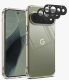 [Bundle] Google Pixel 11 Pro | Fusion + Camera Protectors - A clear protective phone case shown on a smartphone, with the back view featuring a metallic olive-green finish and a gold Google 'G' logo. The front view shows the phone inside the case.