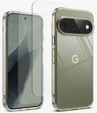 [Bundle] Google Pixel 11 Pro | Fusion + Screen Protectors - A clear tempered glass screen protector shown partially aligned over the front of a smartphone, alongside the back of the same phone fitted with a clear case. The phone has a metallic sage green back panel and a visible Google 'G' logo.