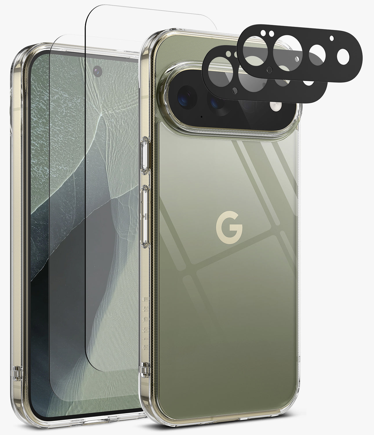 [Bundle] Google Pixel 11 Pro | Fusion + Screen & Camera Protectors - A clear protective phone case shown on a smartphone, alongside a matching transparent screen protector and black camera lens protectors, on a clean white background.