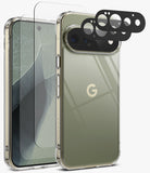 [Bundle] Google Pixel 11 Pro | Fusion + Screen & Camera Protectors - A clear protective phone case shown on a smartphone, alongside a matching transparent screen protector and black camera lens protectors, on a clean white background.
