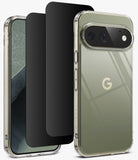 [Bundle] Google Pixel 11 Pro | Fusion + 360° Privacy Protectors - A clear protective phone case with a raised camera bumper shown on a smartphone, alongside a black screen protector and a second phone view, all on a clean white background.