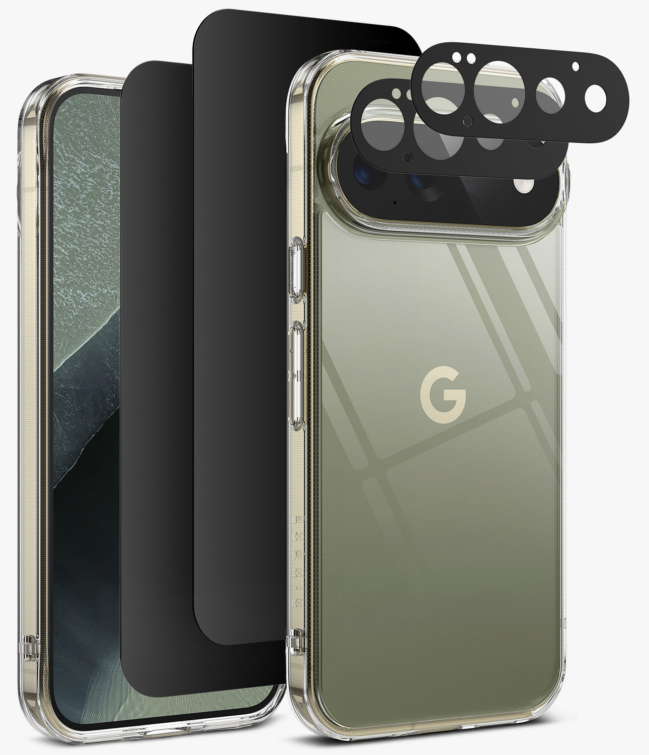 [Bundle] Google Pixel 11 Pro | Onyx Magnetic (GRN) + 360° Privacy & Camera Protectors - A clear protective phone case with a metallic olive-green back panel and a gold Google 'G' logo, shown alongside black camera lens protectors and a black screen protector on a light gray background.