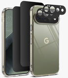 [Bundle] Google Pixel 11 Pro | Onyx Magnetic (GRN) + 360° Privacy & Camera Protectors - A clear protective phone case with a metallic olive-green back panel and a gold Google 'G' logo, shown alongside black camera lens protectors and a black screen protector on a light gray background.