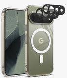 [Bundle] Google Pixel 11 Pro | Fusion Magnetic + Camera Protectors - A clear MagSafe-compatible phone case shown on a smartphone, with a white circular MagSafe ring on the back, a gold-toned phone screen visible through the case, and four black camera lens protectors floating above the rear camera area.