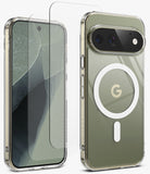 [Bundle] Google Pixel 11 Pro | Fusion Magnetic + Screen Protectors - A clear MagSafe-compatible phone case shown on a smartphone from both front and back angles, alongside a matching transparent screen protector. The phone case has a white circular MagSafe ring on the back.