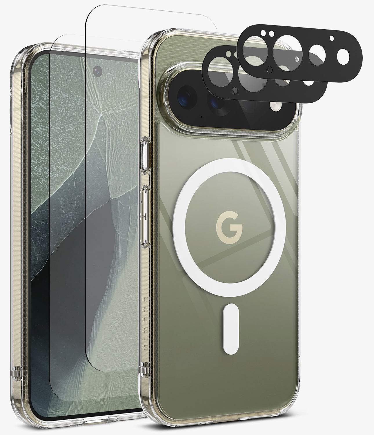 [Bundle] Google Pixel 11 Pro | Fusion Magnetic + Screen & Camera Protectors - A clear protective phone case with a white MagSafe ring and a gold 'G' logo, shown alongside a matching clear screen protector and black camera lens protectors on a light gray background.