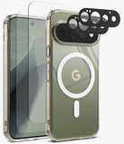 [Bundle] Google Pixel 11 Pro | Fusion Magnetic + Screen & Camera Protectors - A clear protective phone case with a white MagSafe ring and a gold 'G' logo, shown alongside a matching clear screen protector and black camera lens protectors on a light gray background.