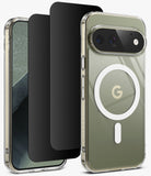 [Bundle] Google Pixel 11 Pro | Fusion Magnetic + 360° Privacy Protectors - A clear protective phone case with a white MagSafe ring and a Google 'G' logo on the back, shown on a smartphone. Two black screen protectors are displayed next to it against a clean white background.