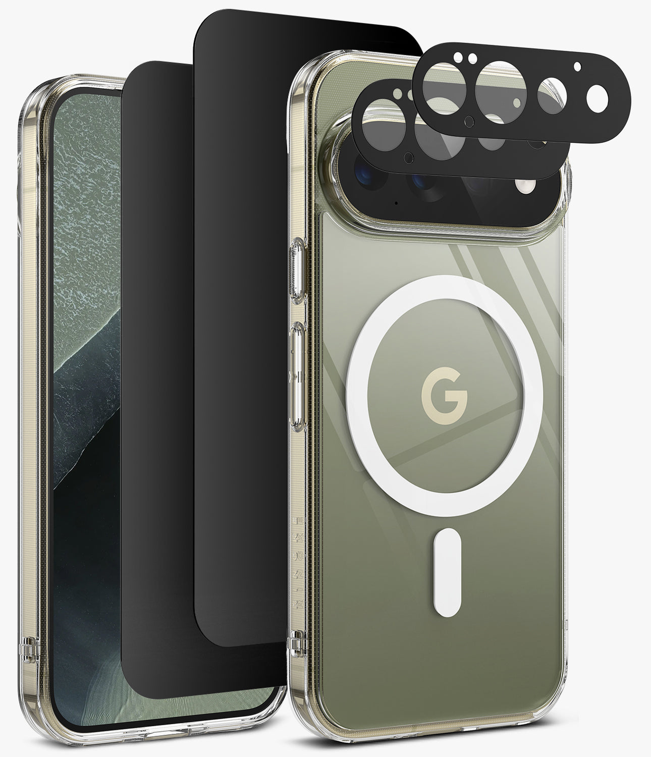 [Bundle] Google Pixel 11 Pro | Fusion Magnetic + 360° Privacy & Camera Protectors - A clear protective phone case with a metallic olive-green back, a large white MagSafe ring, and a gold Google 'G' logo, shown alongside matching black camera lens protectors and a black screen protector on a light gray background.