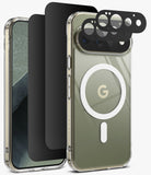 [Bundle] Google Pixel 11 Pro | Fusion Magnetic + 360° Privacy & Camera Protectors - A clear protective phone case with a metallic olive-green back, a large white MagSafe ring, and a gold Google 'G' logo, shown alongside matching black camera lens protectors and a black screen protector on a light gray background.