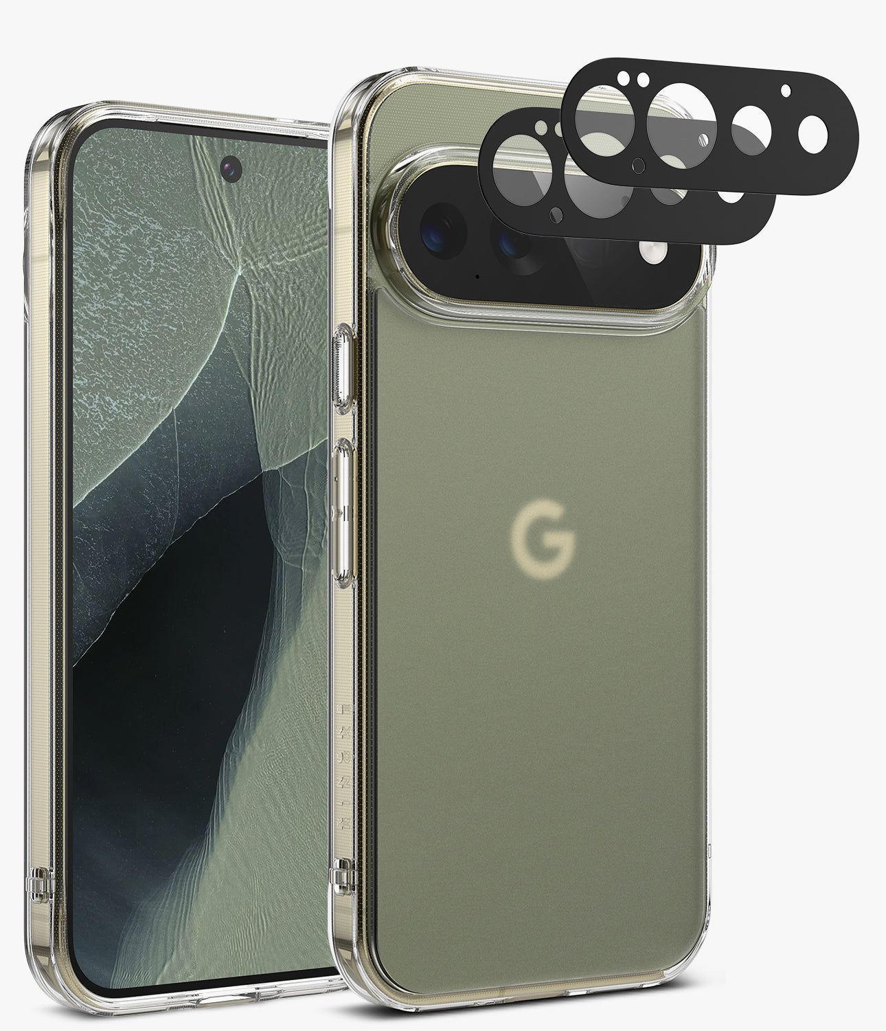 [Bundle] Google Pixel 11 Pro | Fusion Matte + Camera Protectors - A clear protective phone case shown on a smartphone, with the back view displaying a transparent bumper around the edges and a raised camera cutout. A set of black circular lens protector stickers is floating above the camera area.