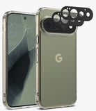 [Bundle] Google Pixel 11 Pro | Fusion Matte + Camera Protectors - A clear protective phone case shown on a smartphone, with the back view displaying a transparent bumper around the edges and a raised camera cutout. A set of black circular lens protector stickers is floating above the camera area.