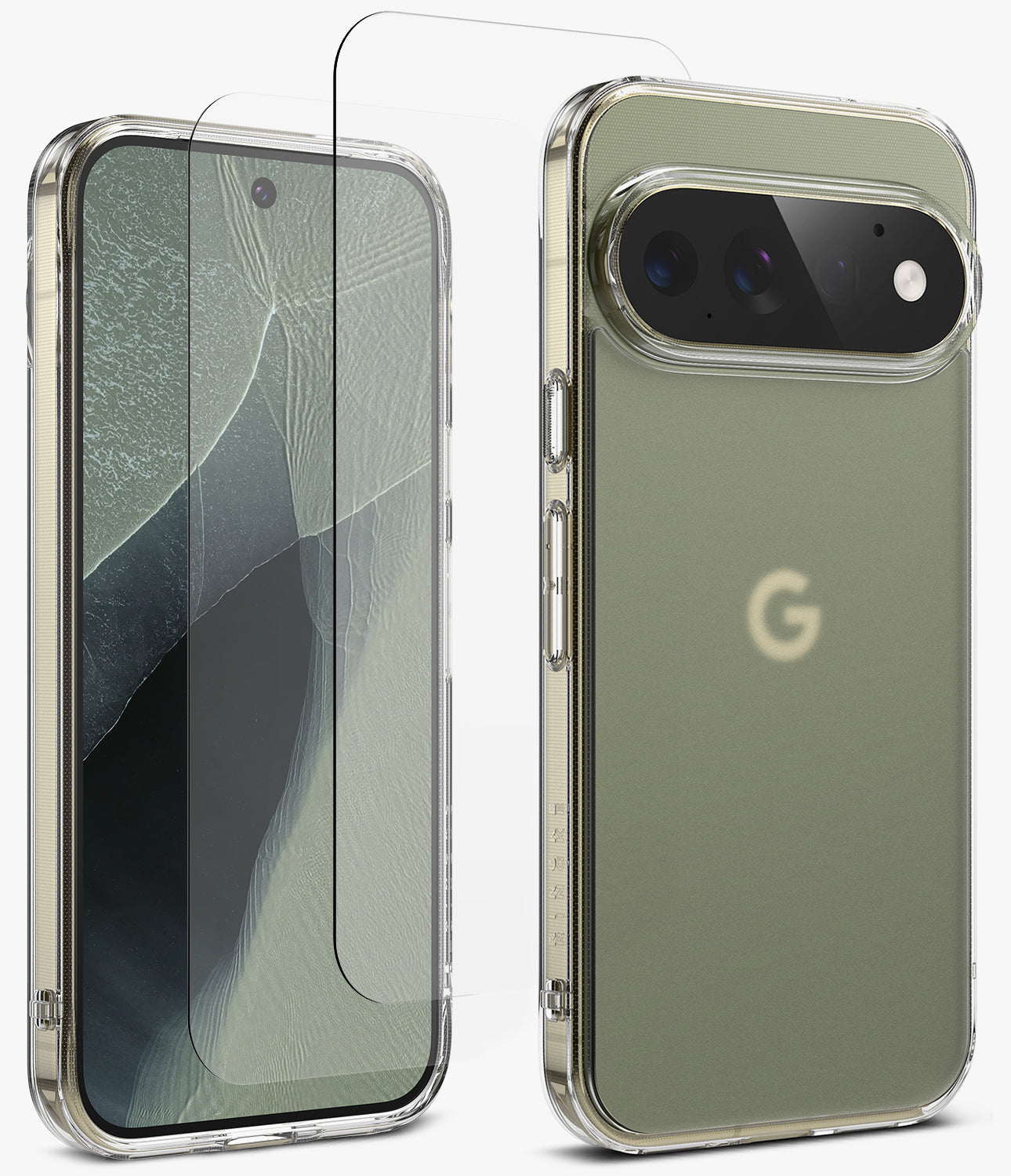 [Bundle] Google Pixel 11 Pro | Fusion Matte + Screen Protectors - A clear tempered glass screen protector shown partially peeled from a smartphone, alongside the phone from the back in a transparent case. The phone has a muted sage green back panel and a visible Google 'G' logo, indicating compatibility with a Google Pixel device.
