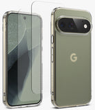 [Bundle] Google Pixel 11 Pro | Fusion Matte + Screen Protectors - A clear tempered glass screen protector shown partially peeled from a smartphone, alongside the phone from the back in a transparent case. The phone has a muted sage green back panel and a visible Google 'G' logo, indicating compatibility with a Google Pixel device.