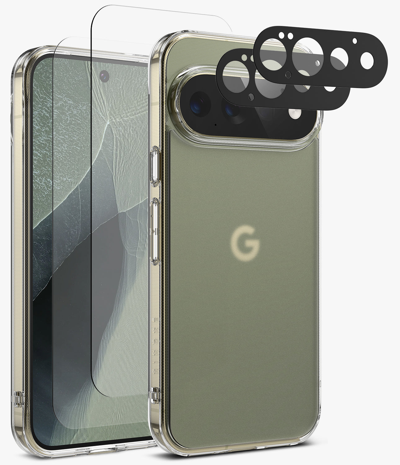 [Bundle] Google Pixel 11 Pro | Fusion Matte + Screen & Camera Protectors - A clear protective phone case shown on a smartphone, with a matching transparent screen protector and black camera lens protectors displayed beside it on a light gray background.
