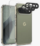 [Bundle] Google Pixel 11 Pro | Fusion Matte + Screen & Camera Protectors - A clear protective phone case shown on a smartphone, with a matching transparent screen protector and black camera lens protectors displayed beside it on a light gray background.