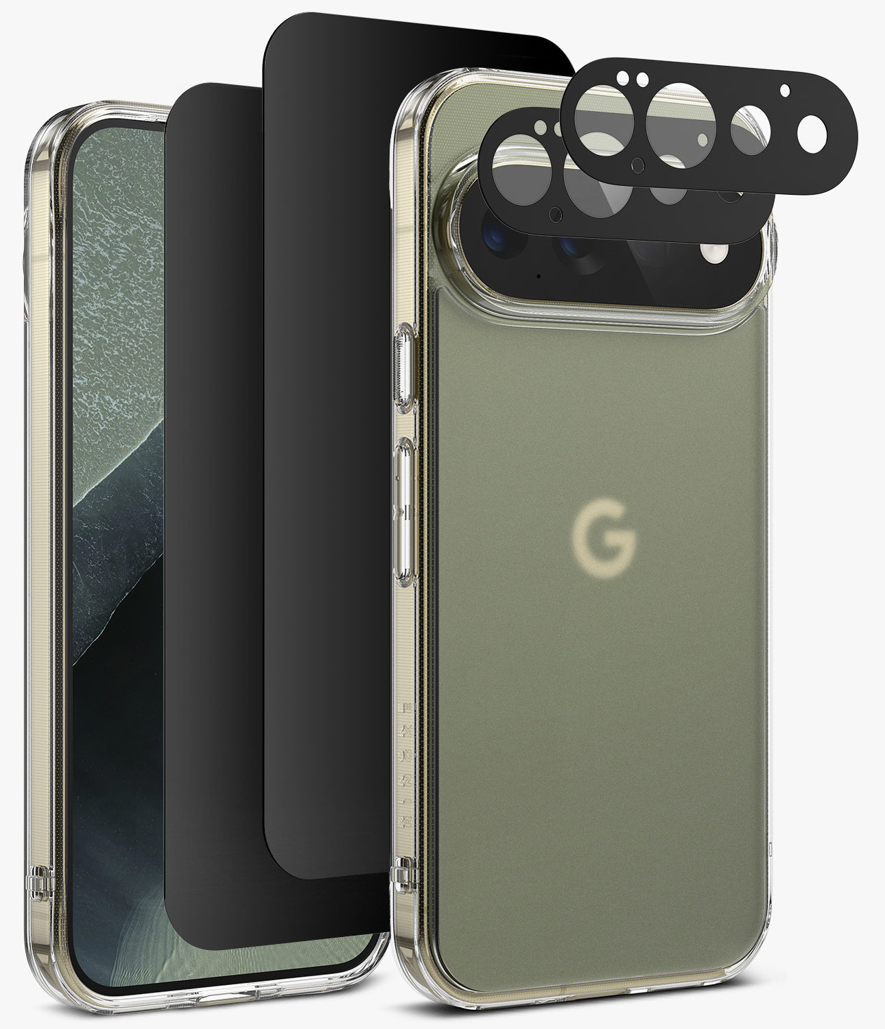 [Bundle] Google Pixel 11 Pro | Fusion Matte + 360° Privacy & Camera Protectors - A clear protective phone case with a transparent bumper and a built-in camera ring, shown on a smartphone with black screen protectors and a black camera lens protector film displayed beside it. The phone back is olive green with a faint Google 'G' logo.