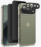 [Bundle] Google Pixel 11 Pro | Fusion Matte + 360° Privacy & Camera Protectors - A clear protective phone case with a transparent bumper and a built-in camera ring, shown on a smartphone with black screen protectors and a black camera lens protector film displayed beside it. The phone back is olive green with a faint Google 'G' logo.