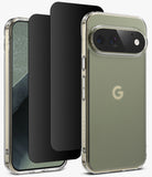 [Bundle] Google Pixel 11 Pro | Fusion Matte + 360° Privacy Protectors - A clear protective phone case with a raised camera bumper shown on a smartphone, alongside two black screen protectors, on a clean white background.