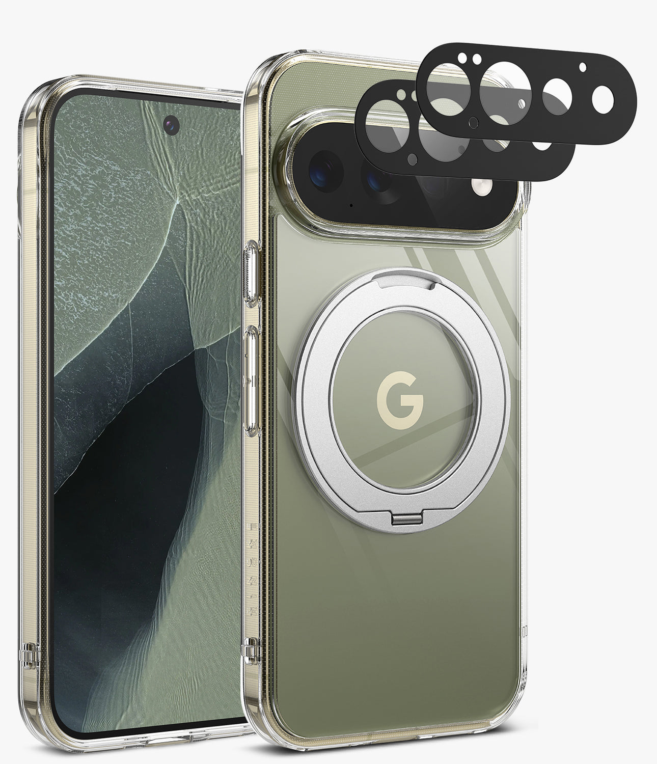 [Bundle] Google Pixel 11 Pro | Fusion Ring + Camera Protectors - A clear protective phone case with a built-in metallic silver ring stand, shown on a smartphone. The case features a transparent back with a metallic olive-green tint, a gold 'G' logo in the center of the ring, and a black multi-piece camera lens protector overlay shown floating above the phone.