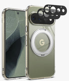 [Bundle] Google Pixel 11 Pro | Fusion Ring + Camera Protectors - A clear protective phone case with a built-in metallic silver ring stand, shown on a smartphone. The case features a transparent back with a metallic olive-green tint, a gold 'G' logo in the center of the ring, and a black multi-piece camera lens protector overlay shown floating above the phone.