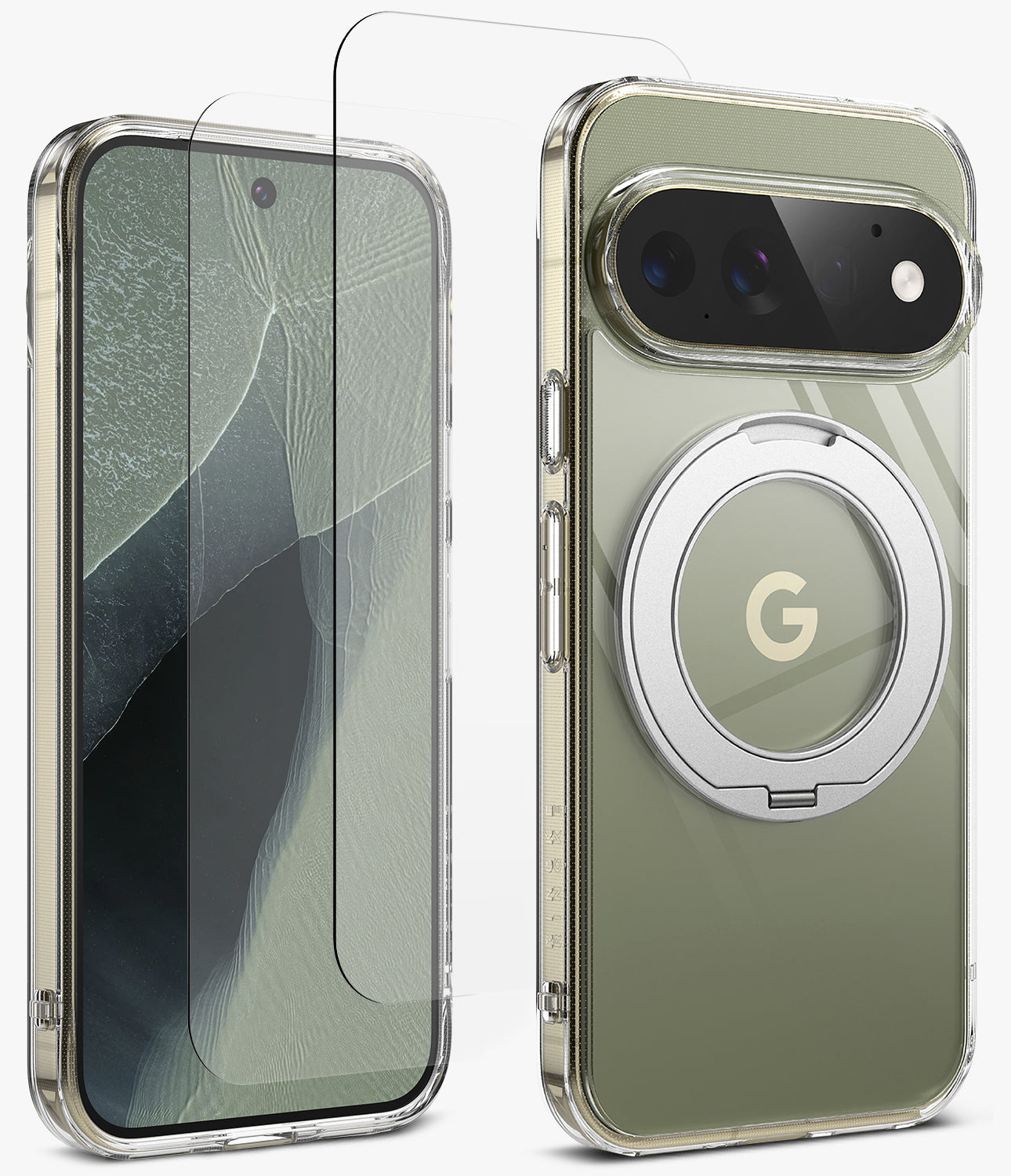 [Bundle] Google Pixel 11 Pro | Fusion Ring + Screen Protectors - A clear protective phone case with a built-in metallic MagSafe ring on the back, shown alongside a matching clear screen protector. The phone inside the case has an olive green back panel.