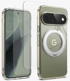 [Bundle] Google Pixel 11 Pro | Fusion Ring + Screen Protectors - A clear protective phone case with a built-in metallic MagSafe ring on the back, shown alongside a matching clear screen protector. The phone inside the case has an olive green back panel.