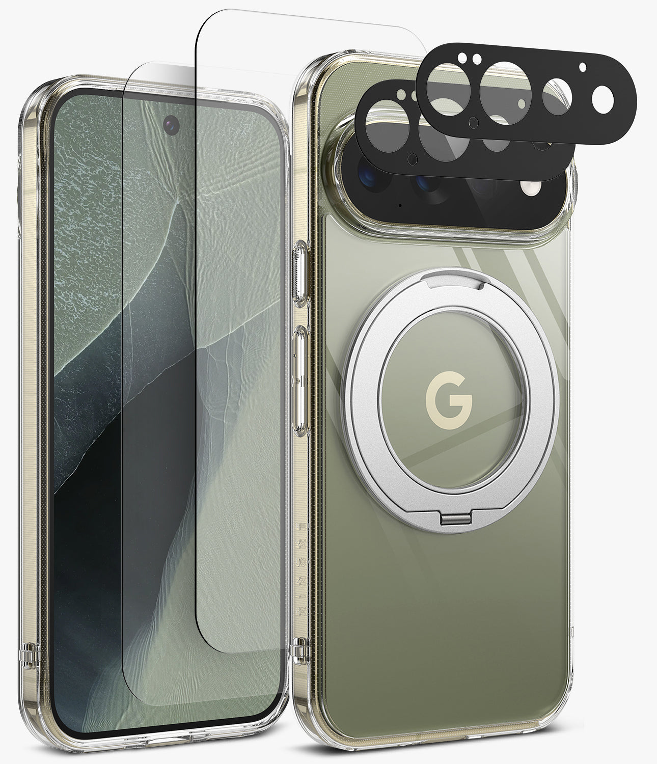 [Bundle] Google Pixel 11 Pro | Fusion Ring + Screen & Camera Protectors - A clear protective phone case with a metallic silver magnetic ring on the back, shown alongside a phone with a matching clear screen protector and a black camera lens protector film. The phone inside the case has an olive green back panel.
