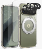 [Bundle] Google Pixel 11 Pro | Fusion Ring + Screen & Camera Protectors - A clear protective phone case with a metallic silver magnetic ring on the back, shown alongside a phone with a matching clear screen protector and a black camera lens protector film. The phone inside the case has an olive green back panel.