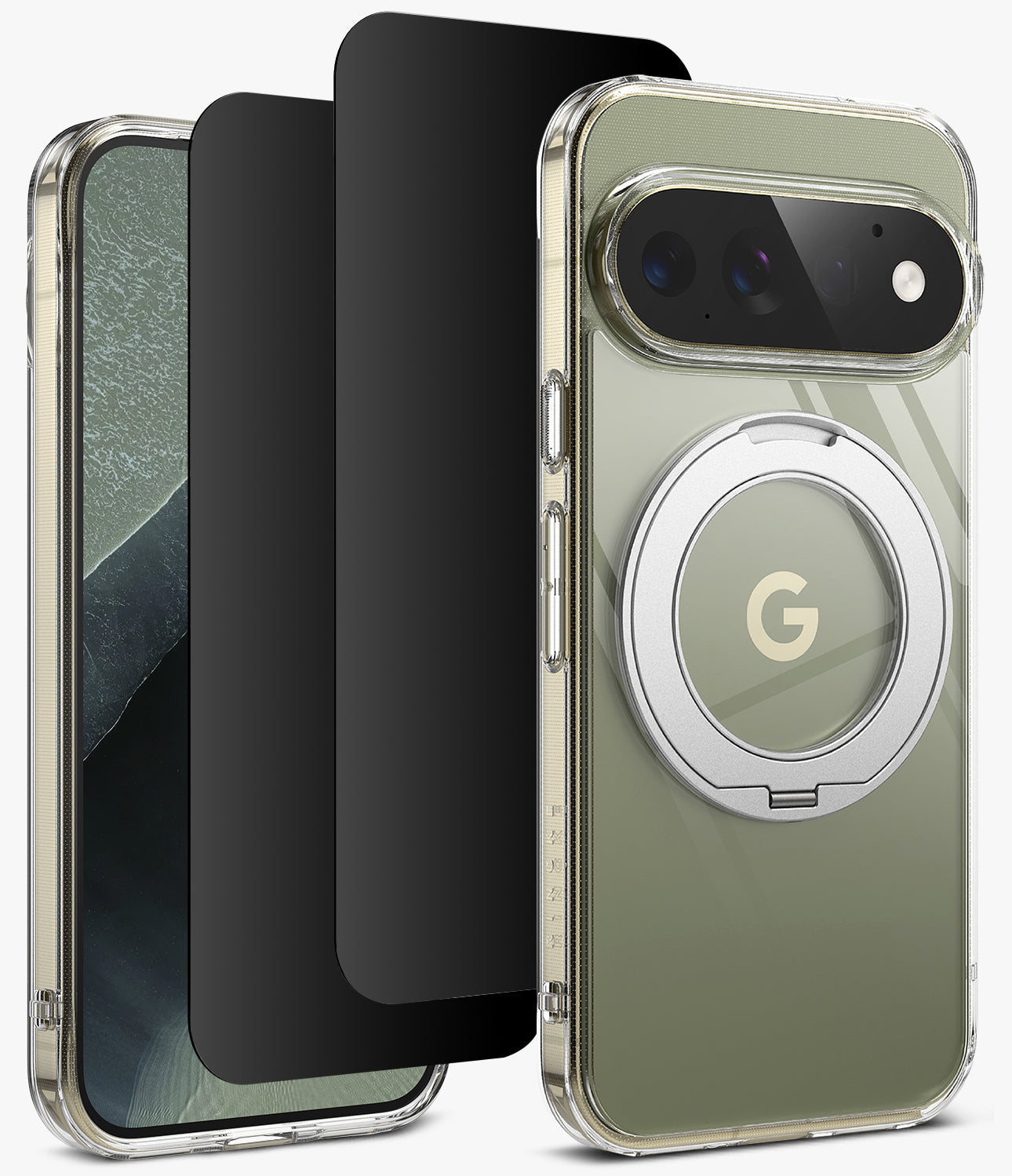 [Bundle] Google Pixel 11 Pro | Fusion Ring + Privacy Protectors - A clear protective phone case with a metallic olive-green back panel, a silver magnetic ring, and a black screen protector shown in front of a smartphone.