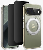 [Bundle] Google Pixel 11 Pro | Fusion Ring + Privacy Protectors - A clear protective phone case with a metallic olive-green back panel, a silver magnetic ring, and a black screen protector shown in front of a smartphone.