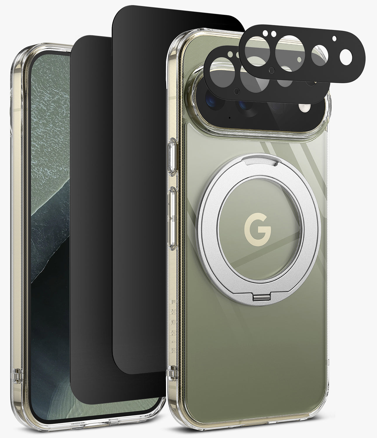 [Bundle] Google Pixel 11 Pro | Fusion Ring + Privacy & Camera Protectors - A clear protective phone case with a metallic olive-green inner insert, shown alongside matching black accessories including a screen protector, camera lens guard, and a circular magnetic ring on the back. The case has a transparent edge and a gold 'G' logo in the center of the ring.