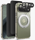 [Bundle] Google Pixel 11 Pro | Fusion Ring + Privacy & Camera Protectors - A clear protective phone case with a metallic olive-green inner insert, shown alongside matching black accessories including a screen protector, camera lens guard, and a circular magnetic ring on the back. The case has a transparent edge and a gold 'G' logo in the center of the ring.