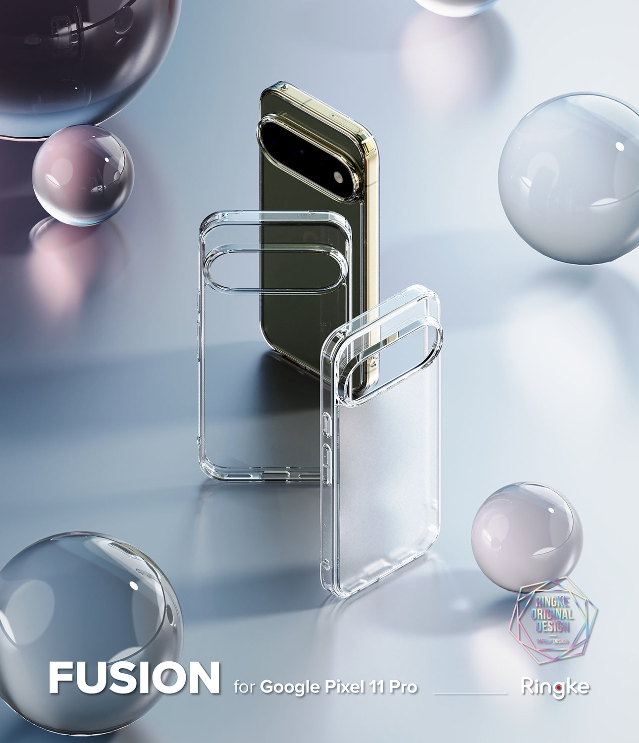 Pixel 11 Pro Case | Fusion - Clear protective phone case set shown on a smartphone, with two transparent cases standing upright and one case attached to the phone. The image includes decorative glass spheres and text reading 'FUSION for Google Pixel 11 Pro XL' and 'Ringke'.