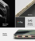 Pixel 11 Pro Case | Fusion - A clear protective phone case shown in a multi-panel feature graphic. The collage highlights the case's transparent edges, precise cutouts for buttons and ports, a black micro-dot camera pattern, and compatibility with wireless charging and Google Pay.