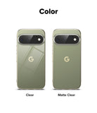 Pixel 11 Pro Case | Fusion - A color comparison graphic showing two smartphone back views on a white background, labeled 'Color' at the top and 'Clear' and 'Matte Clear' below. The phone on the left is labeled 'Clear' and has a reflective olive-green tint, while the phone on the right is labeled 'Matte Clear' and appears lighter and less reflective.