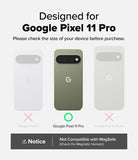 Pixel 11 Pro Case | Fusion - Compatibility graphic for a Google Pixel 11 Pro phone case, showing three slim phone back views in white, sage green, and light gray. The center phone is labeled Google Pixel 11 Pro and is marked with a green circle, while the side phones are marked with red X's.