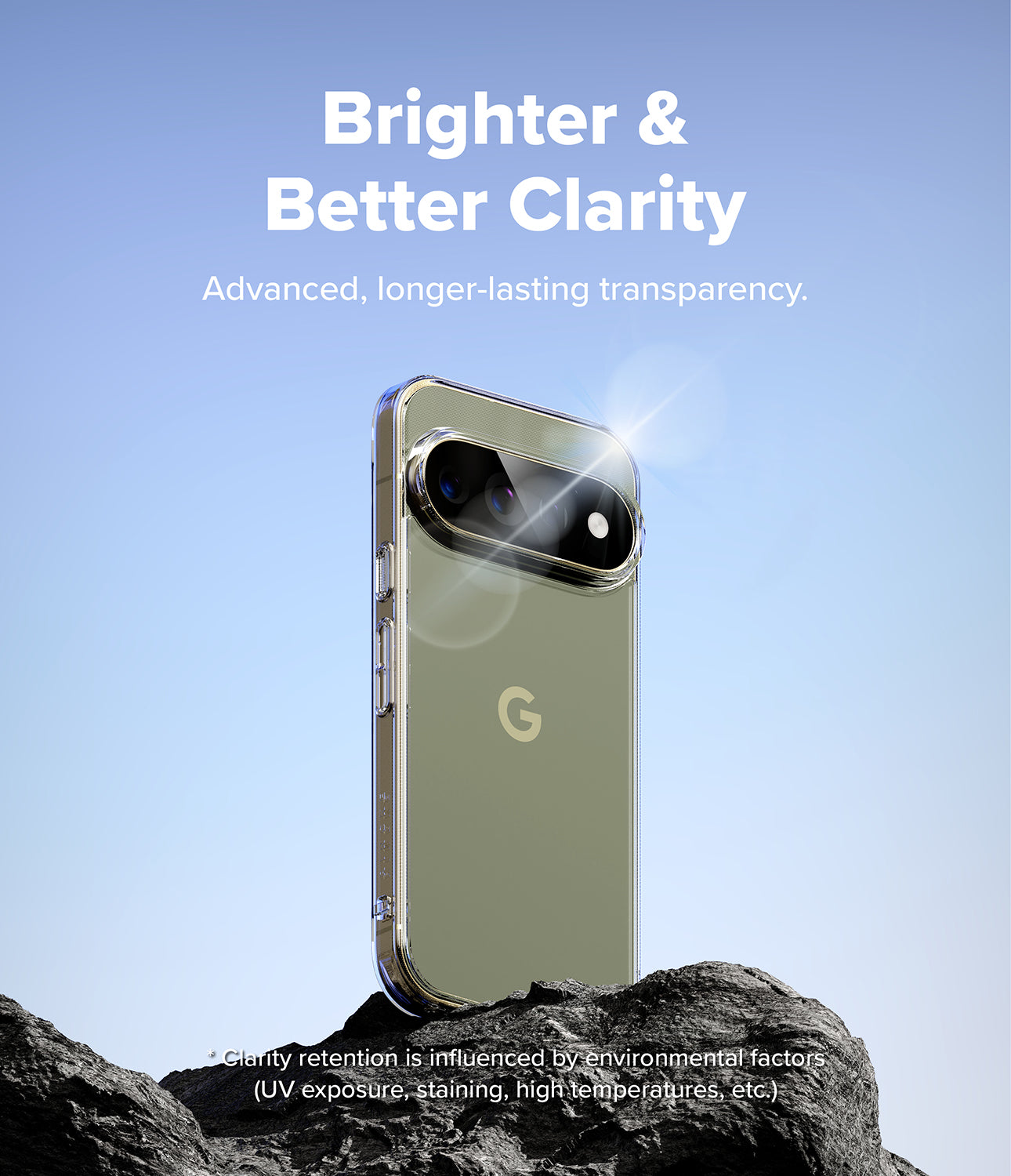 Pixel 11 Pro Case | Fusion - A clear smartphone case shown on a phone, standing on dark rocks against a light blue gradient background. White text at the top reads 'Brighter & Better Clarity' with smaller supporting text below, and small disclaimer text appears near the bottom.