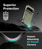 Pixel 11 Pro Case | Fusion - A clear protective phone case with a metallic silver bumper and a glowing teal air pocket corner, shown floating above dark rocks. Text reads 'Superior Protection' and 'Impact-Absorbing Air Pocket Corners,' with a military-qualified badge on the left.