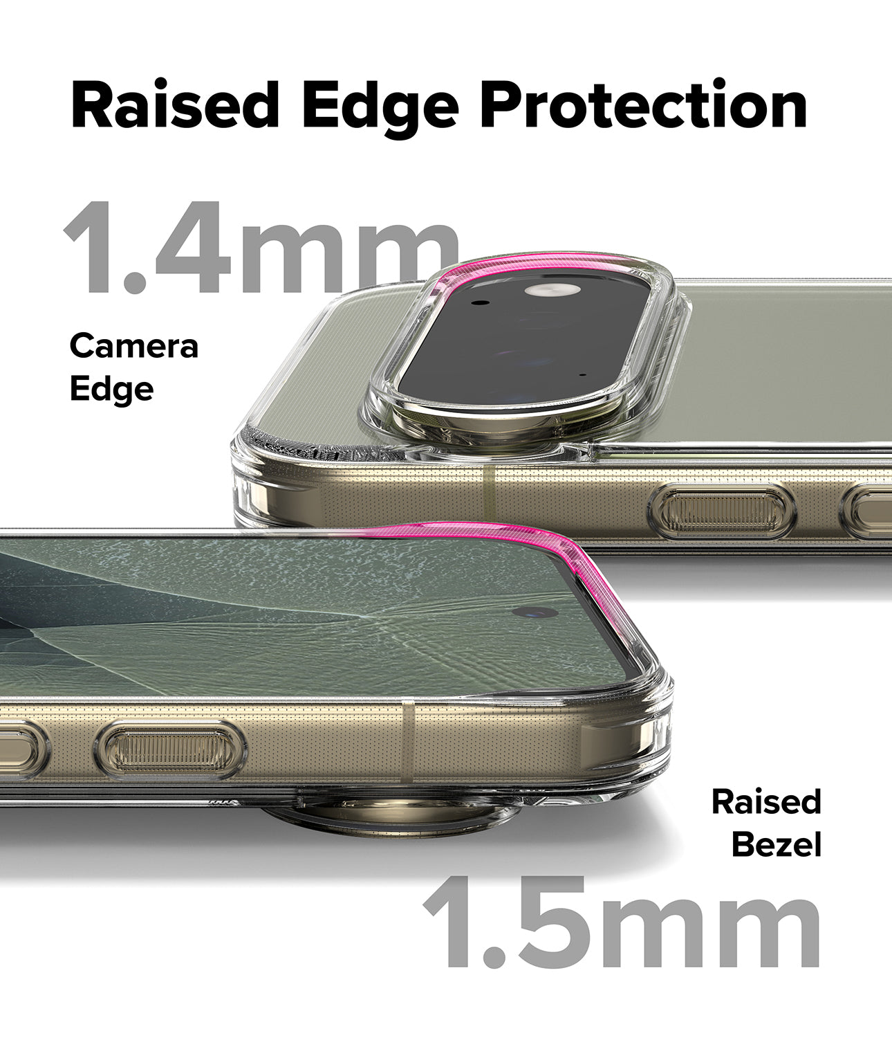 Pixel 11 Pro Case | Fusion - Transparent phone case with raised edge protection shown on a smartphone, with text labels indicating 1.4mm camera edge protection and 1.