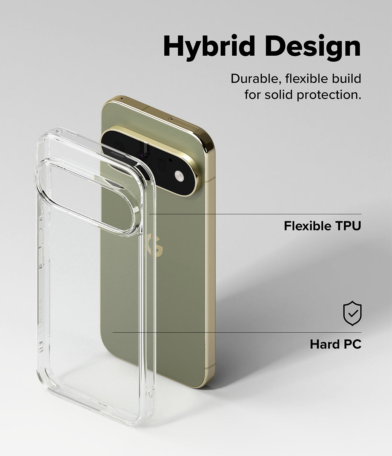 Pixel 11 Pro Case | Fusion - Clear hybrid phone case shown beside a gold smartphone on a light gray background, with text reading 'Hybrid Design,' 'Flexible TPU,' and 'Hard PC' to explain the protective design.
