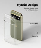 Pixel 11 Pro Case | Fusion - Clear hybrid phone case shown beside a gold smartphone on a light gray background, with text reading 'Hybrid Design,' 'Flexible TPU,' and 'Hard PC' to explain the protective design.